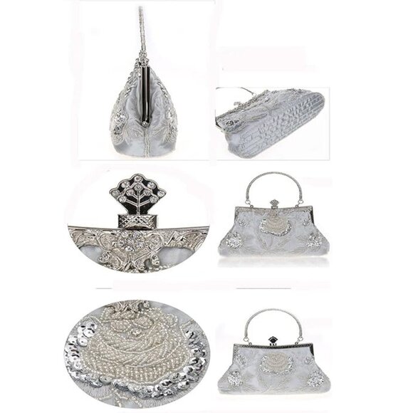 ELEOPTION Beaded Sequin Design Metal Frame Kissing Lock Satin Interior Party Bag - Picture 7 of 9